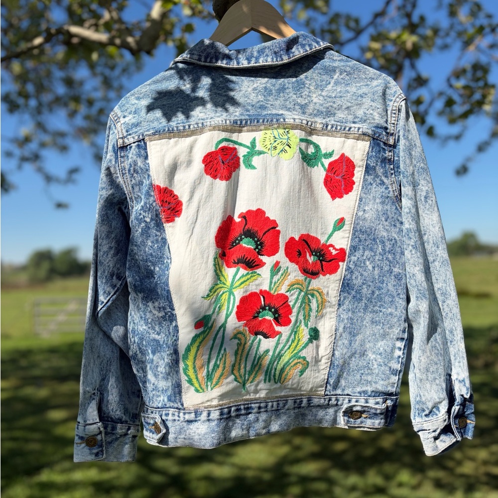 Vintage Guess Acid Washed Denim Jacket Upcycled Custom Embroidered Beaded Unique